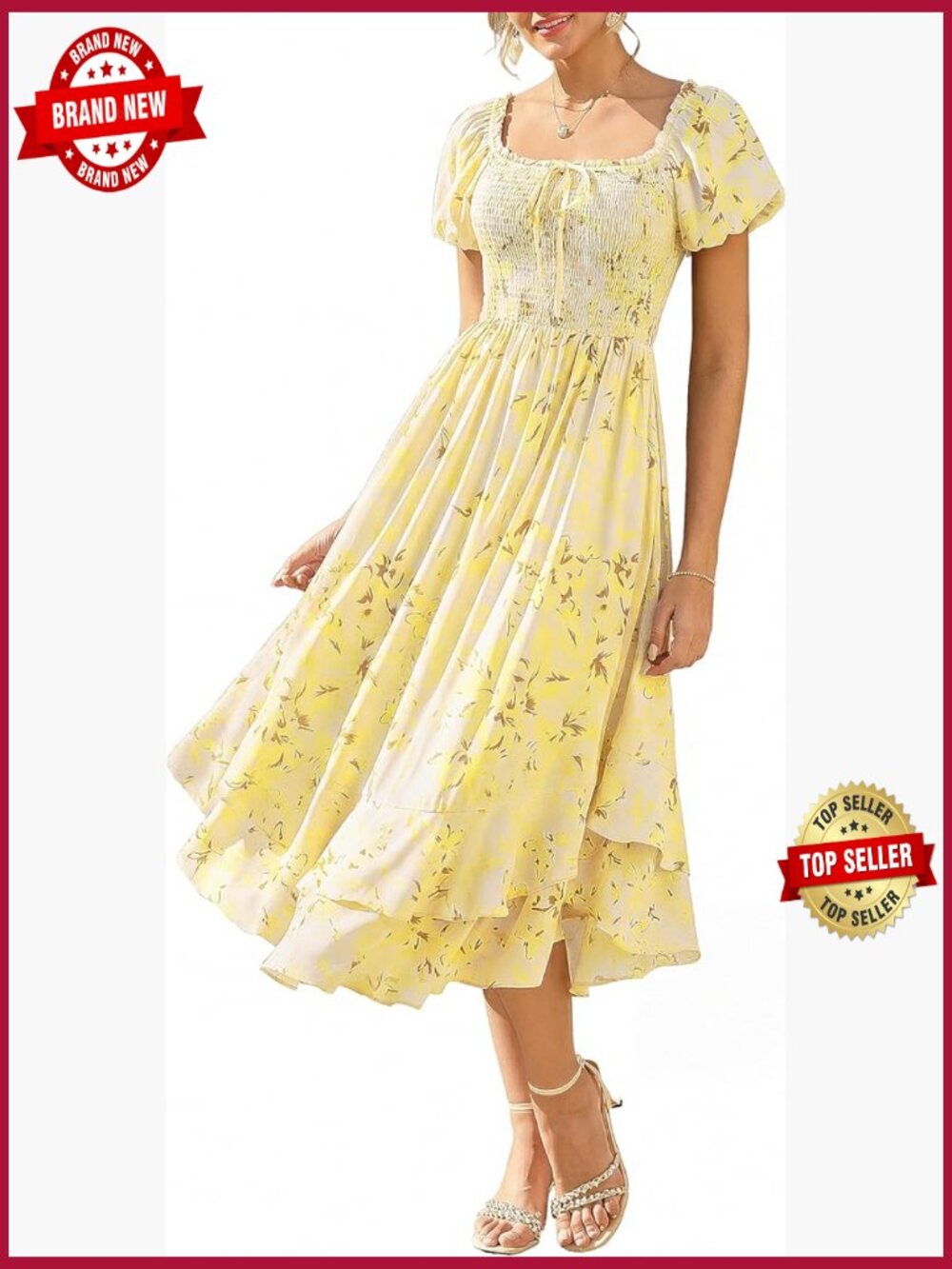 Floral Maxi Dress Square Neck Puff Sleeve A-Line with Pockets
